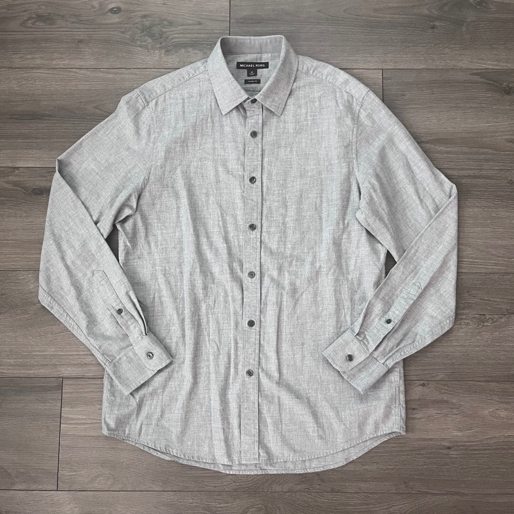 Michael Kors Mens Classic Fit Linen Blend Button Down Shirt Gray Medium